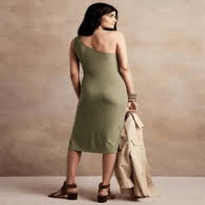 Banana Republic Tate Olive Green Ribbed Modest ONE-SHOULDER DRESS Sz  L